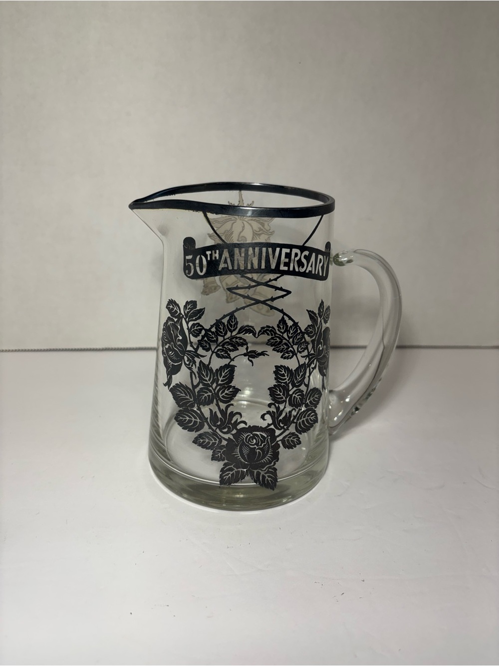 50th Anniversary Glass Pitcher Vase Black Floral Design Silver Trim VTG GiftIdea